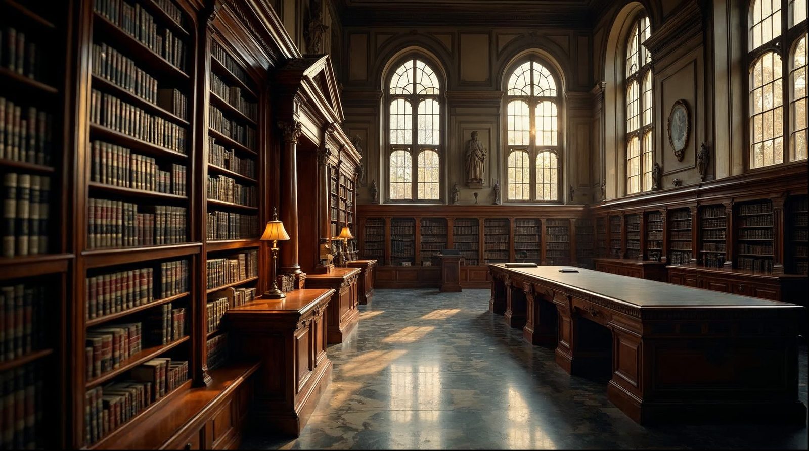 Interior of a historic Texas courthouse law library, floor-to-ceiling shelves of bound legal volumes lit by tall arched windows.